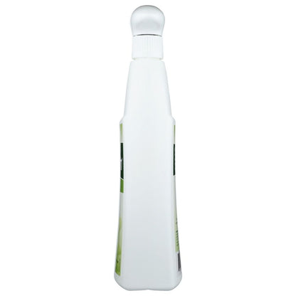 White plastic squeeze bottle with rounded cap, photographed from the side on white background