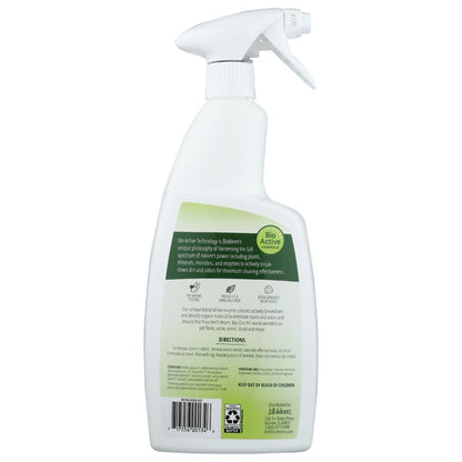 Back label of a white spray bottle with green text, showing cleaning product instructions and ingredients.