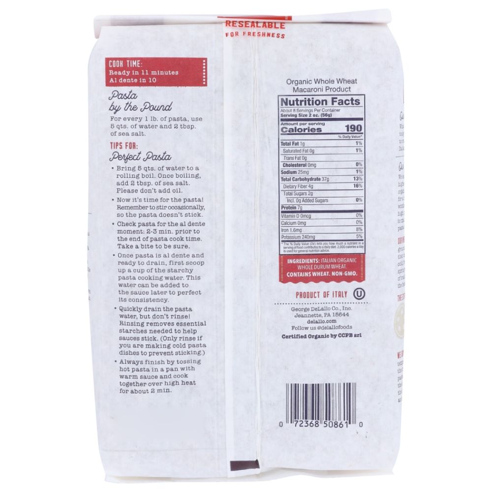 DELALLO: Organic Whole Wheat Fusilli Pasta No.27, 16 oz - SMART GREENS