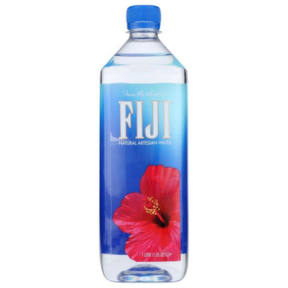 FIJI natural artesian water 1-liter bottle with blue label and red hibiscus flower
