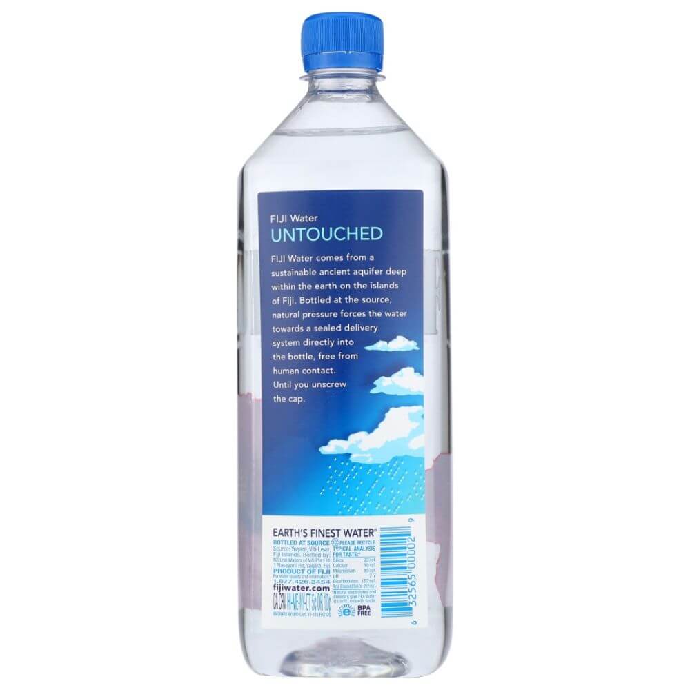 FIJI Water unopened plastic bottle with blue label, sustainability and wellness beverage
