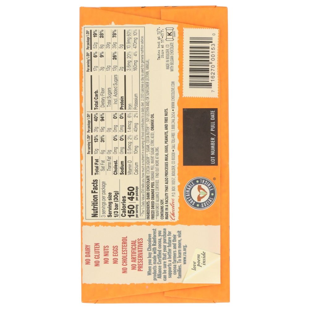 CHOCOLOVE: Orange Peel In Dark Chocolate Bar, 3.2 oz - SMART GREENS