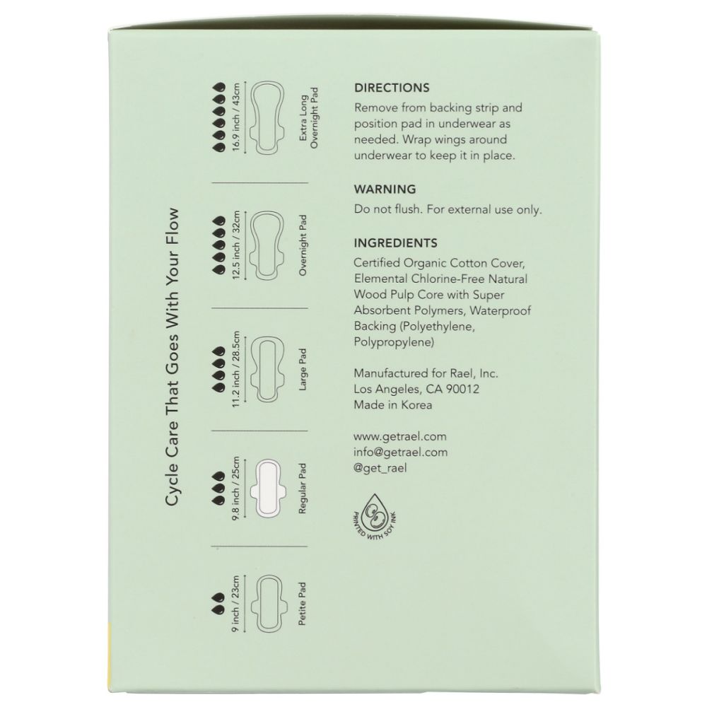 Back of organic cotton sanitary pads box showing absorbency, pad sizes, and ingredients list
