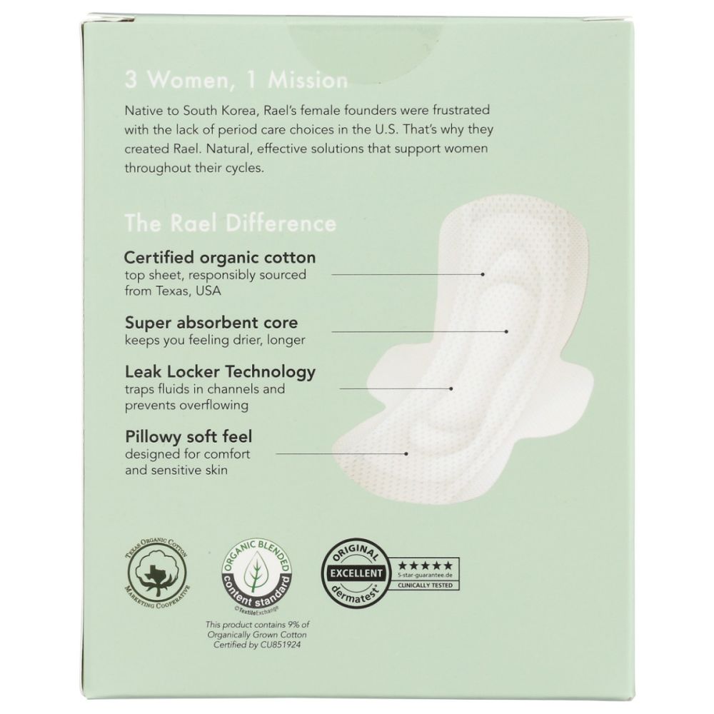 Box back for organic cotton sanitary pads highlighting absorbent, leak-proof features