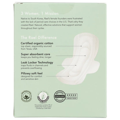 Box back for organic cotton sanitary pads highlighting absorbent, leak-proof features