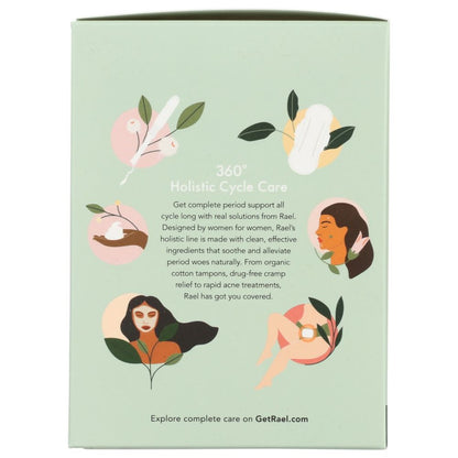 Back of period care product box with holistic health illustrations and informative text