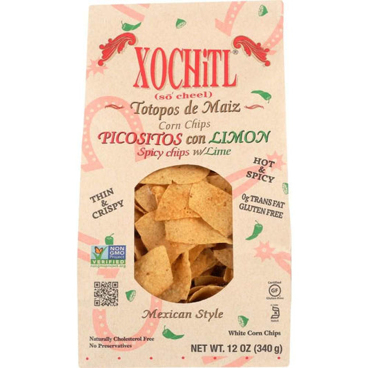 XOCHITL Picositos Con Limon Chips 12 oz bag of thin, crispy tortilla chips with sea salt, pepper, garlic, and citrus flavors