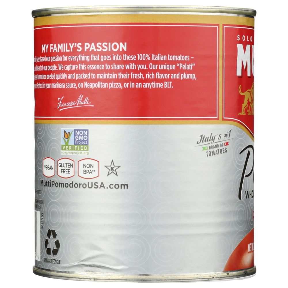 Mutti® Whole Peeled Tomatoes 28 oz can with velvety passata inside