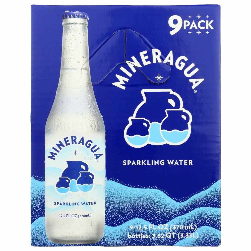 Mineragua sparkling water 9-pack with glass bottle and blue packaging