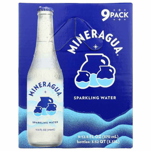 Mineragua sparkling water 9-pack with glass bottle and blue packaging