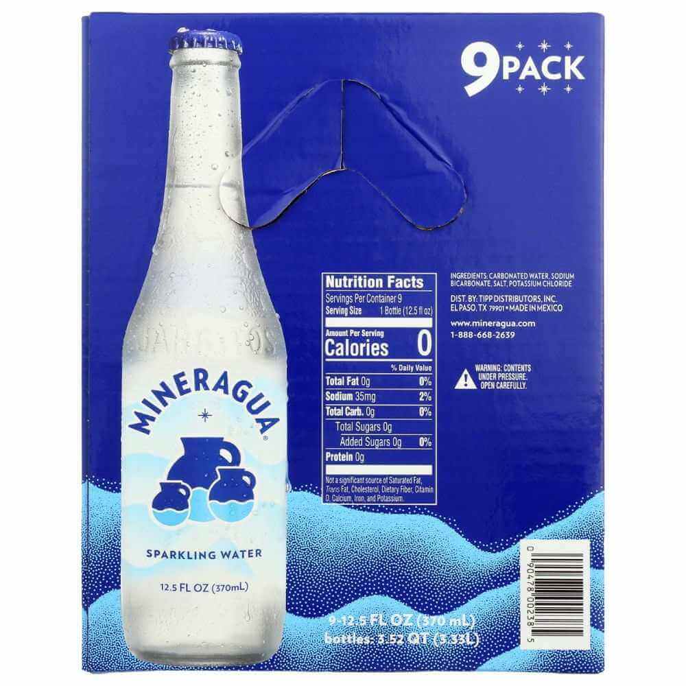 Mineragua sparkling water 9-pack box with nutrition facts, blue background, glass bottle shown