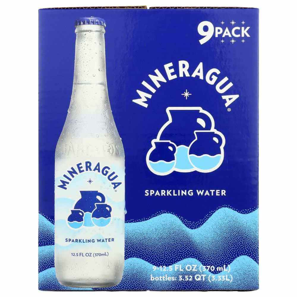 Mineragua sparkling water 9-pack with glass bottle, blue packaging, hydration beverage