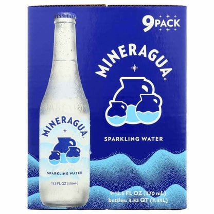 Mineragua sparkling water 9-pack with glass bottle, blue packaging, hydration beverage