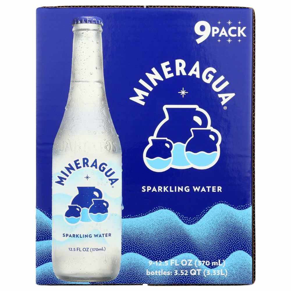 Mineragua sparkling water 9-pack with glass bottle and blue packaging, wholesale beverage