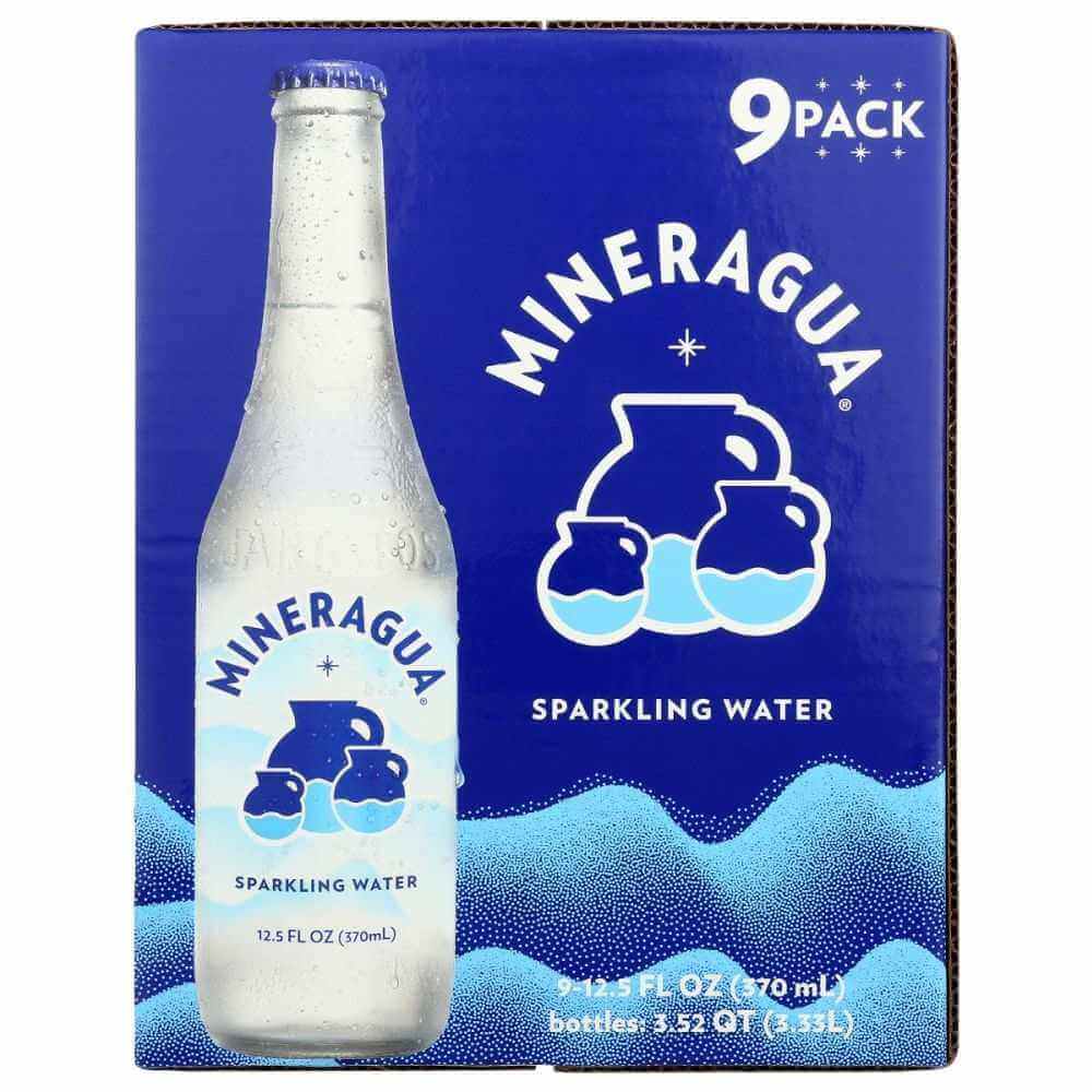 Mineragua sparkling water 9-pack with glass bottle and blue packaging, wholesale beverage