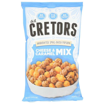 GH CRETORS Cheese and Caramel Mix Popped Corn 7.5 oz bag with sharp cheddar and rich caramel popcorn