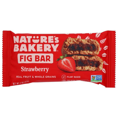NATURES BAKERY whole wheat fig bars with strawberry flavor, 2 oz snack packaging