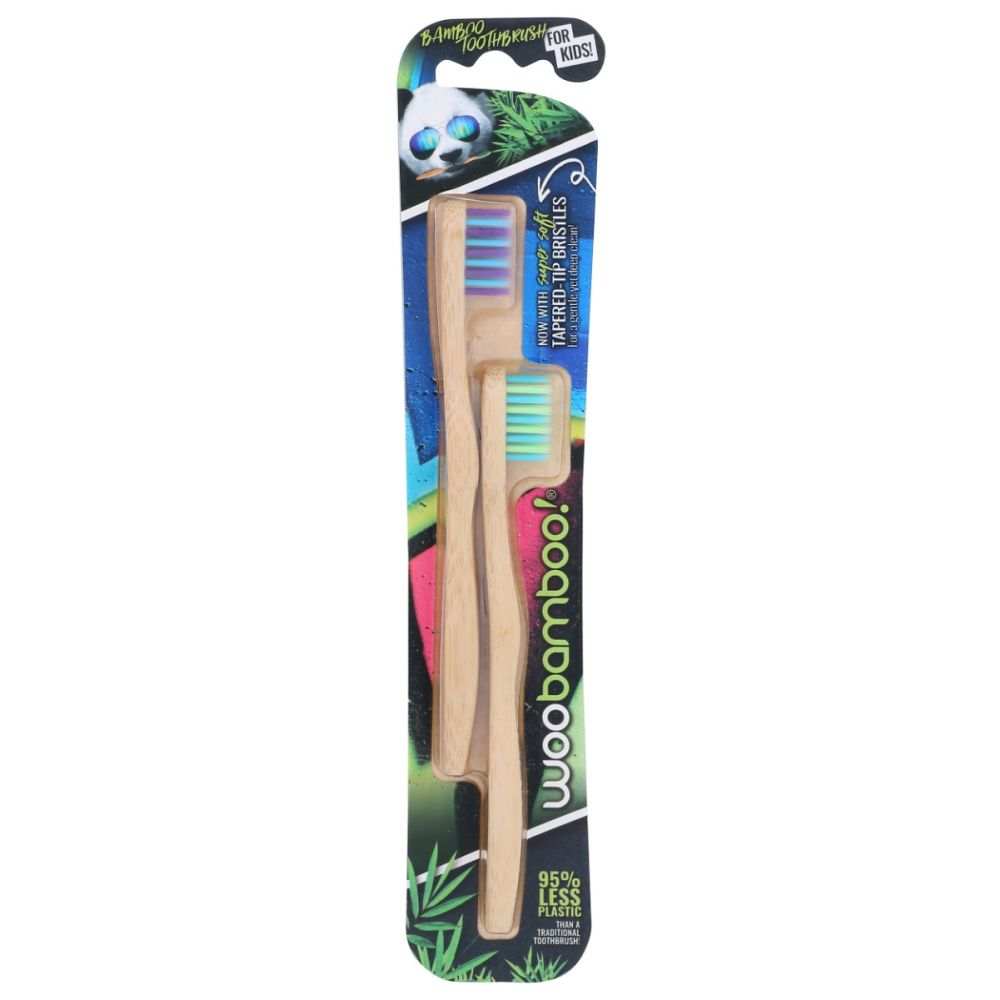 Kids natural bamboo toothbrushes with soft bristles and ergonomic handle in fun colors, 2-pack