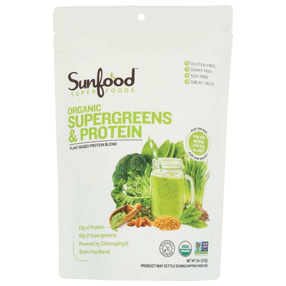 SUNFOOD SUPERFOODS Supergreens and Protein Organic 8 oz powder blend with 19 green superfoods, probiotics, and enzymes