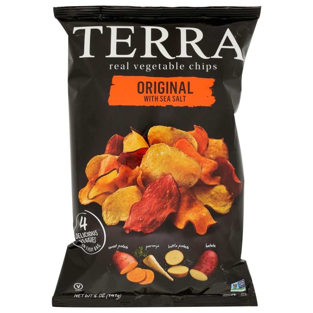 TERRA CHIPS Original With Sea Salt 5 oz bag featuring mixed vegetable chips including sweet potato, parsnip, kettle potato, and batata
