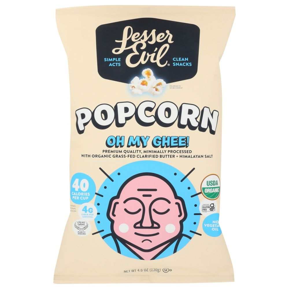 Lesser Evil Oh My Ghee gourmet popcorn 4.6 oz bag with Ayurvedic ghee flavor