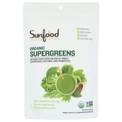 Sunfood Organic Supergreens powder pouch with superfood blend, vegan and gluten-free labels.