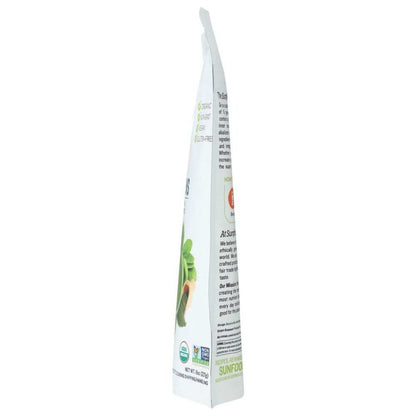 Side view of a sealed organic, non-GMO plant-based product pouch with green leaves design
