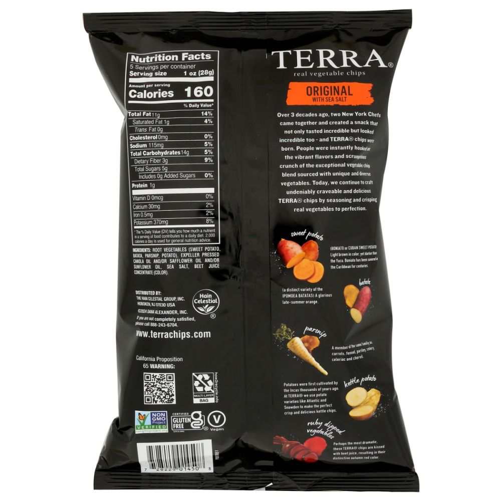 TERRA CHIPS Original with Sea Salt 5 oz bag featuring sweet potato, parsnip, kettle potato, and batata chips