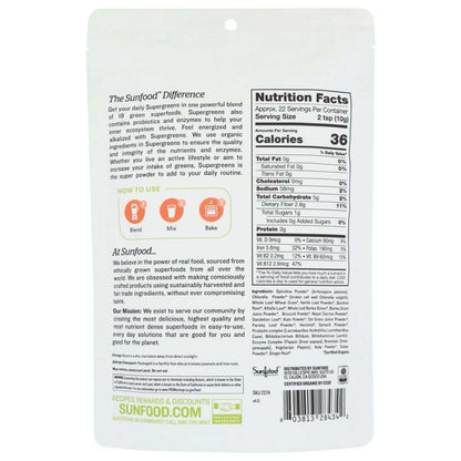 Back of a supergreens powder package showing nutrition facts, usage instructions, and ingredients.