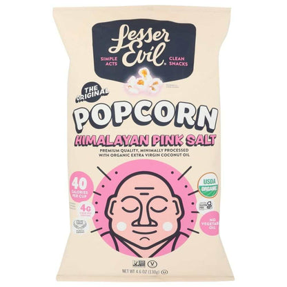 LESSER EVIL Himalayan Pink Salt Organic Popcorn bag with popcorn kernels