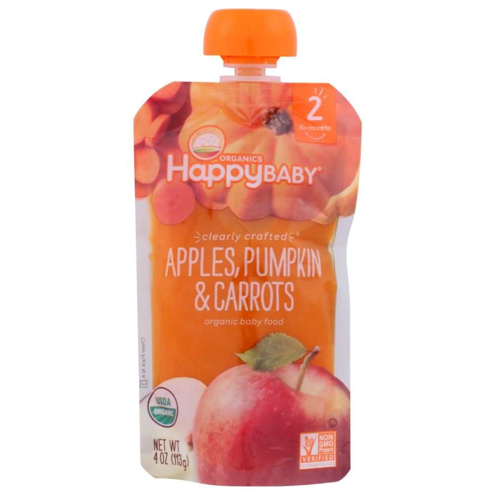Organic baby food pouch with apples, pumpkin, and carrots on the packaging