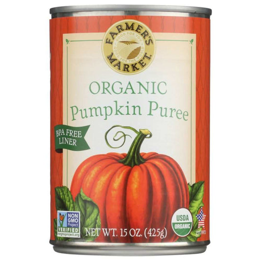 Farmers Market Foods Organic Pumpkin Puree 15 oz jar on wooden surface