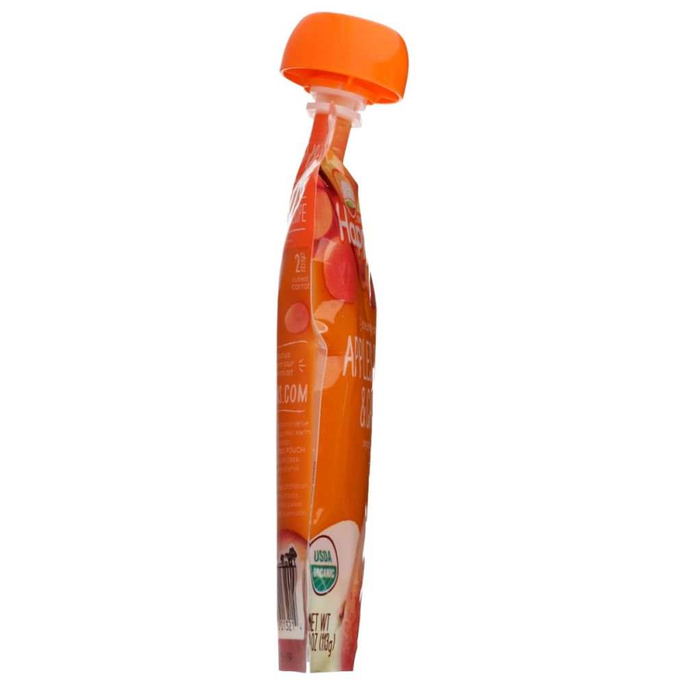 Organic fruit puree pouch with orange cap, side view, USDA certified