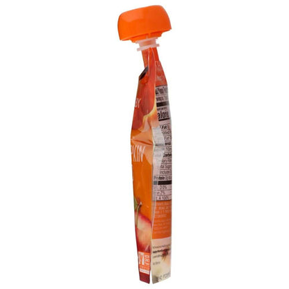 Side view of orange squeezable food pouch with nutritional label and apple graphic