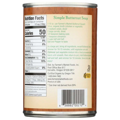 Farmers Market Foods Organic Butternut Squash Puree 15 oz BPA-Free Packaging