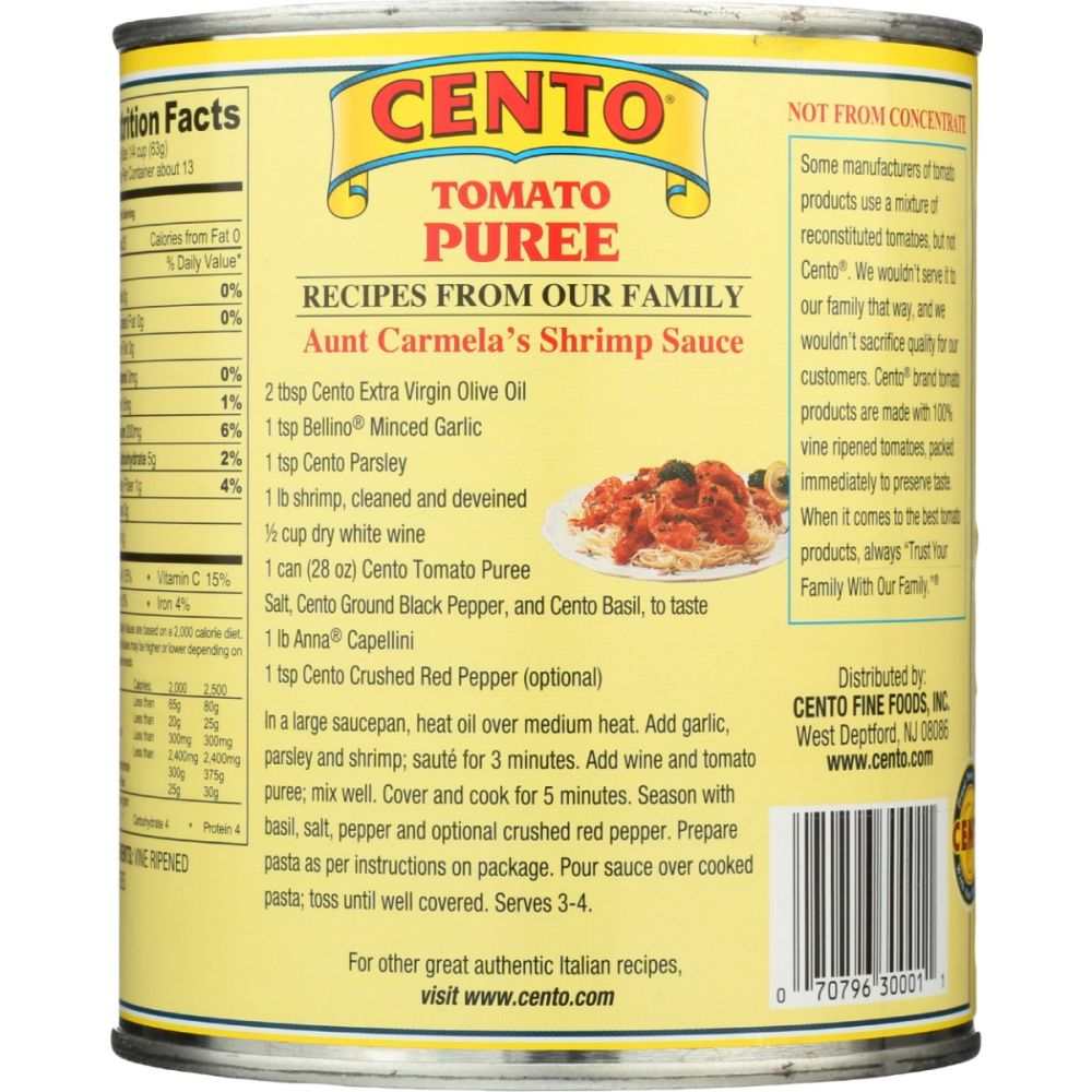 Cento Tomato Puree 28 oz can with smooth, thick, rich tomato puree for recipes