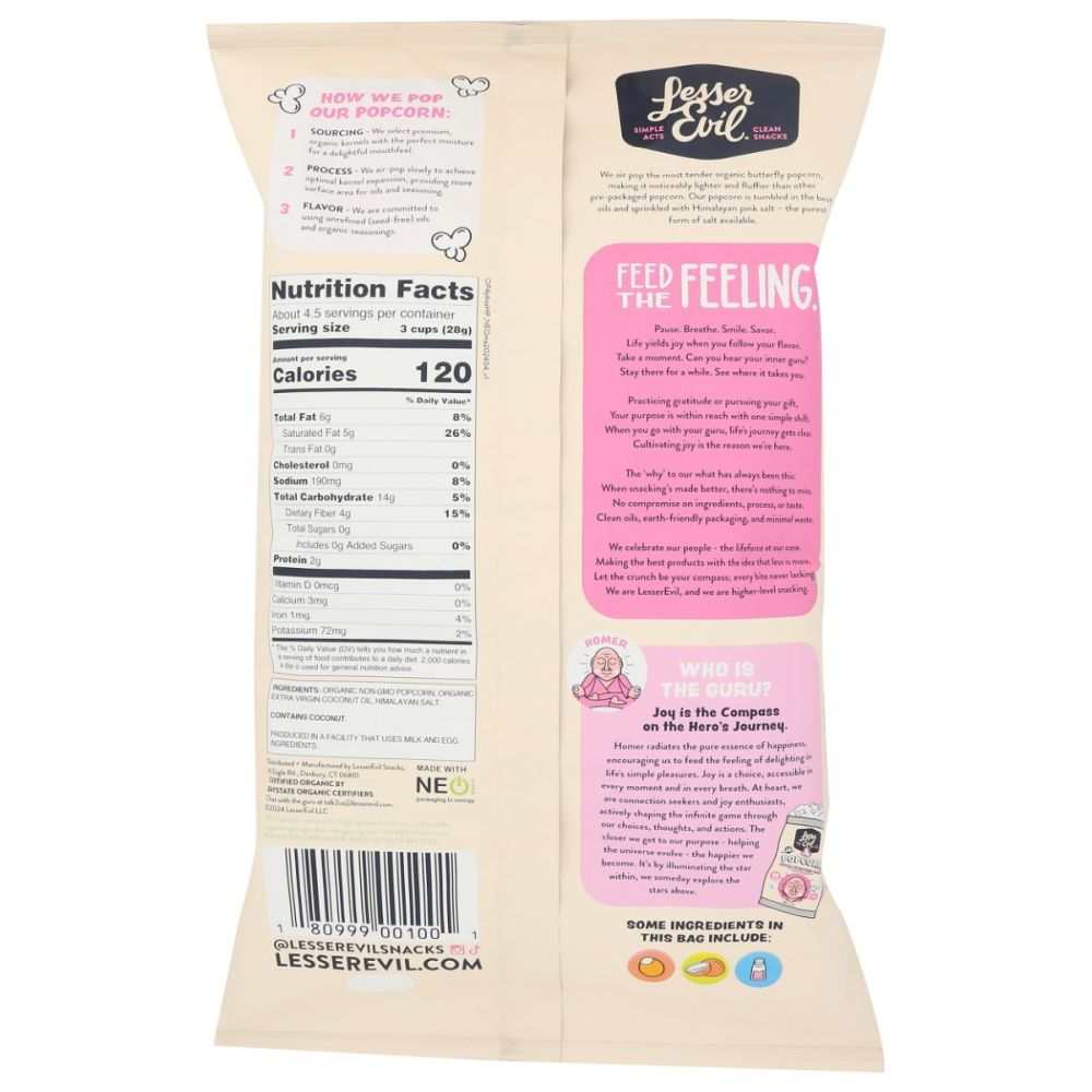 Bag of LESSER EVIL Himalayan Pink Salt Organic Popcorn 4.6 oz with minimal ingredients