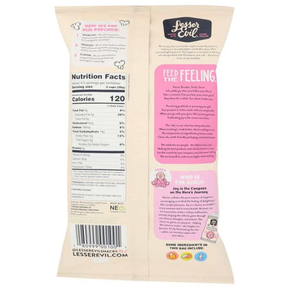 Bag of LESSER EVIL Himalayan Pink Salt Organic Popcorn 4.6 oz with minimal ingredients