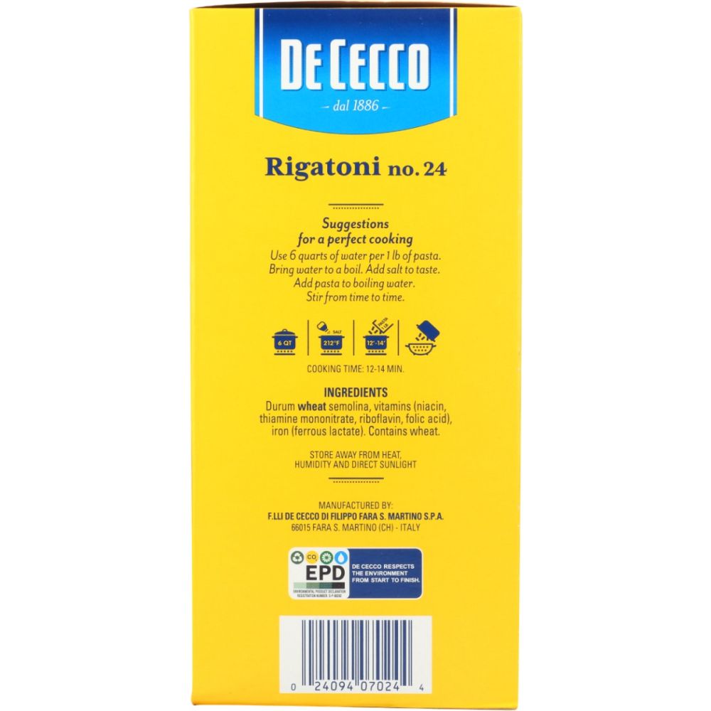 DE CECCO: Rigatoni No 24 Pasta, 16 oz - SMART GREENS