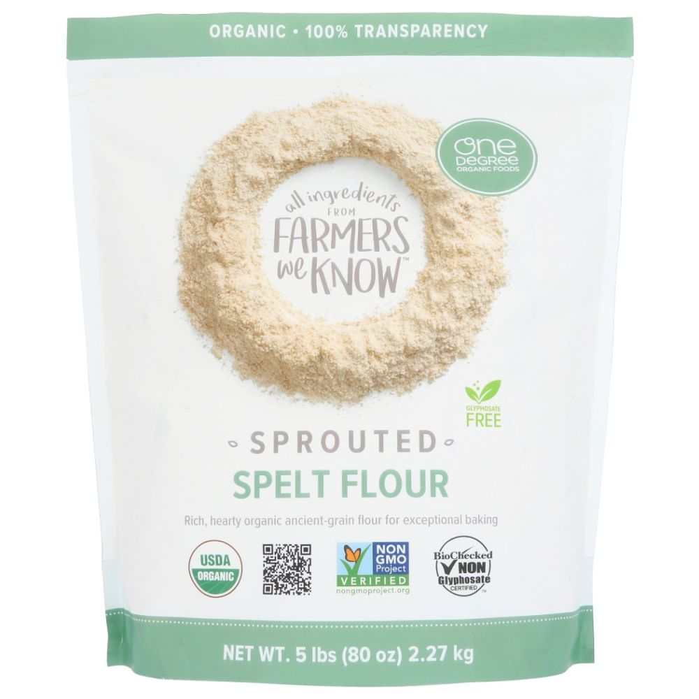 ONE DEGREE Organic Sprouted Spelt Flour 80 oz non-GMO vegan-friendly packaging