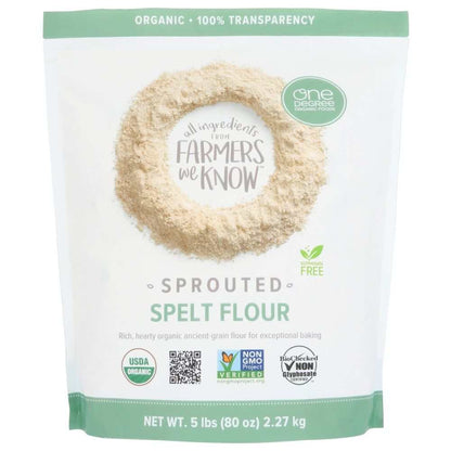 ONE DEGREE Organic Sprouted Spelt Flour 80 oz non-GMO vegan-friendly packaging