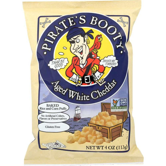 PIRATE BRANDS Aged White Cheddar Rice and Corn Puffs 4 oz bag gluten-free snack