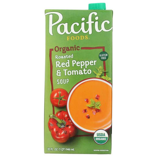 PACIFIC FOODS Organic Roasted Red Pepper and Tomato Soup 32 oz bowl with fresh ingredients