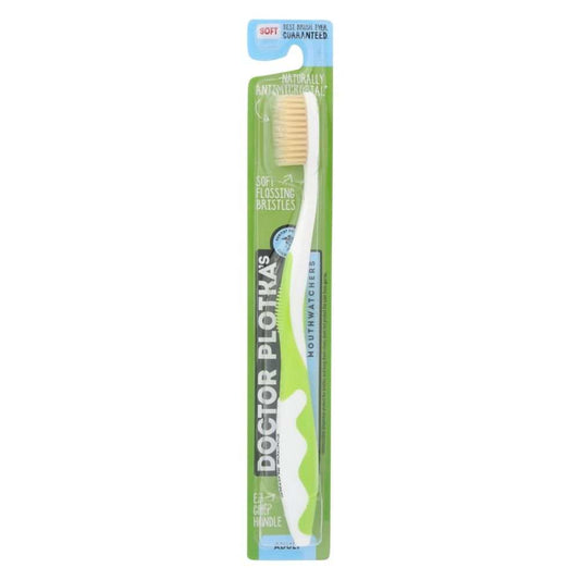 MOUTH WATCHERS adult manual toothbrush green with dual-layered thin flossing bristles for deep cleaning cavities