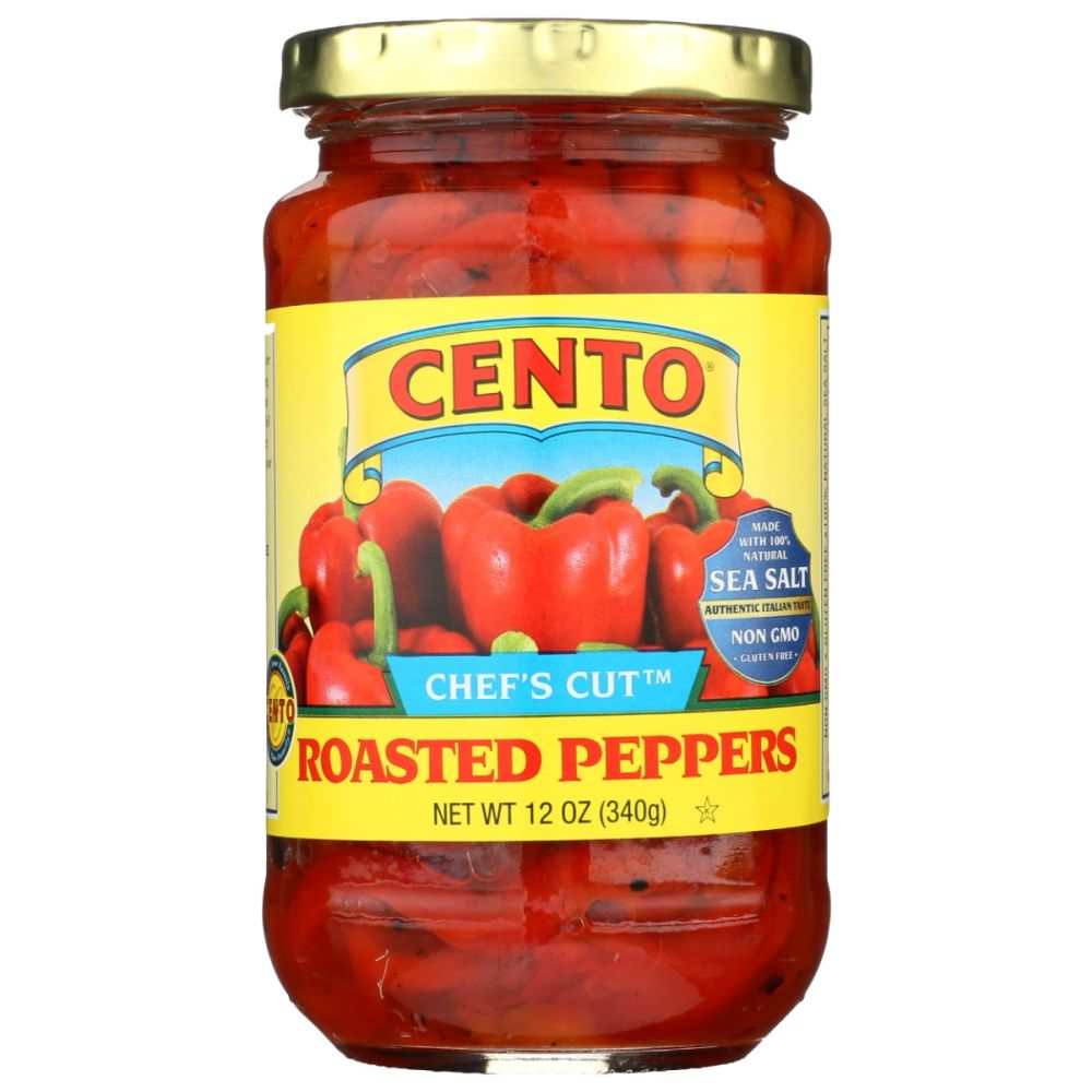 Cento Chefs Cut Roasted Peppers jar showcasing fire-roasted, finely cut sweet peppers for gourmet recipes