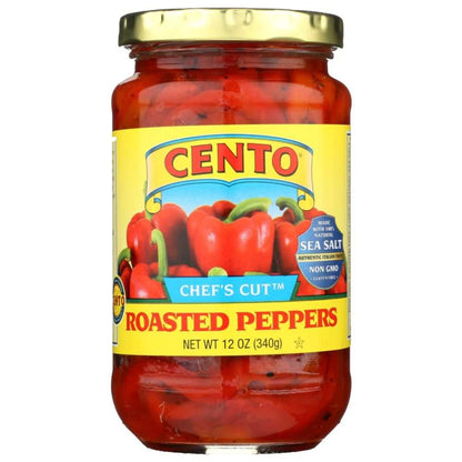 Cento Chefs Cut Roasted Peppers jar showcasing fire-roasted, finely cut sweet peppers for gourmet recipes