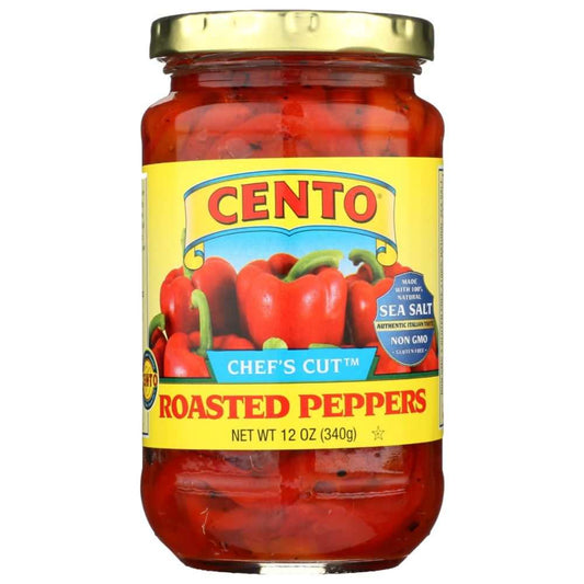 Cento Chefs Cut Roasted Peppers jar showcasing fire-roasted, finely cut sweet peppers for gourmet recipes