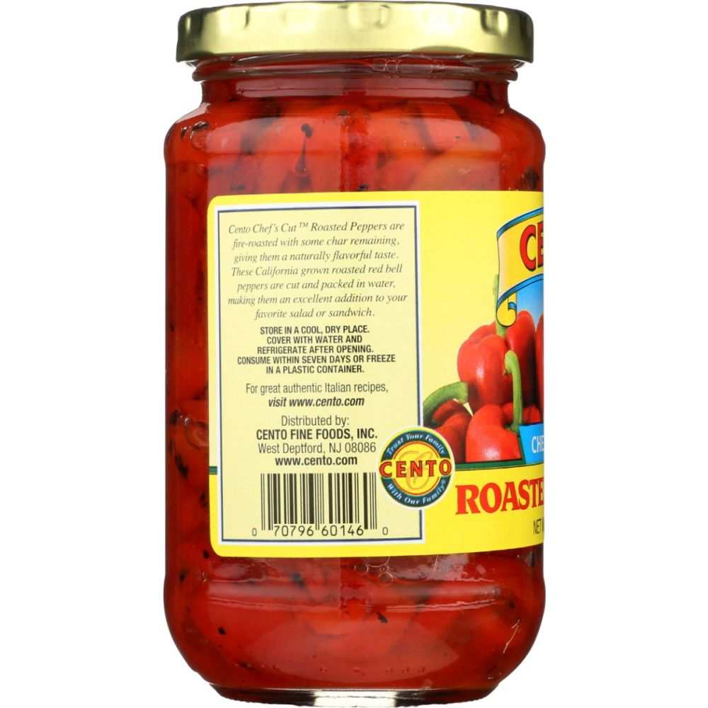 Cento Chefs Cut Roasted Peppers 12 oz jar with vibrant roasted peppers for cooking