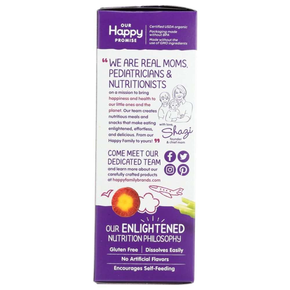 Happy Promise product box side showing nutrition philosophy, gluten-free, and contact info