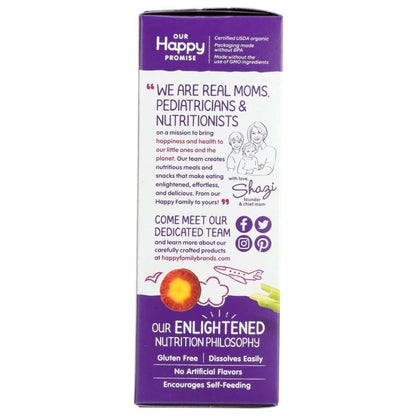 Happy Promise product box side showing nutrition philosophy, gluten-free, and contact info